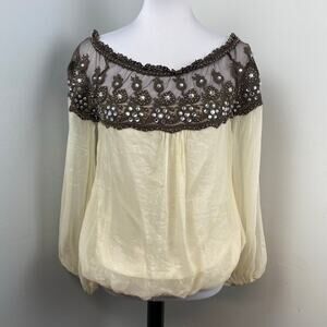 Ryu Cream Brown Lace Off Shoulder Rhinestone Long Sleeve Blouse Medium Western